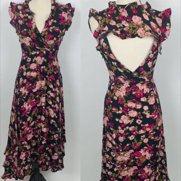 Anthropologie Floral Ruffle Dress - Black and Pink - Picture 1 of 8